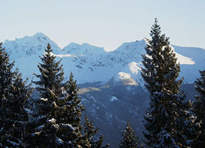 Výhľad z Gubalowky - prvý vrchol vpravo je Kasprowy Wierch, na ktorý premáva kyvadlová lanová dráha z Kužníc /foto: Marek Ochotnica 3.1.2009/