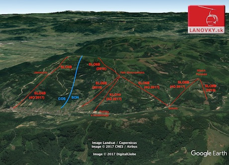 Výstavba lanových dráh v Ščyrku a plán ďalšej výstavby v stredisku SON podľa vyjadrenia TMR z marca 2017 /mapový podklad Google Earth/
